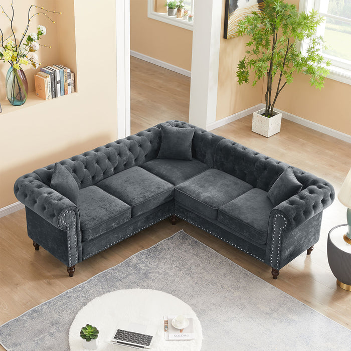 Luxury Classic Chesterfield L-shaped Sectional, Grey velvet