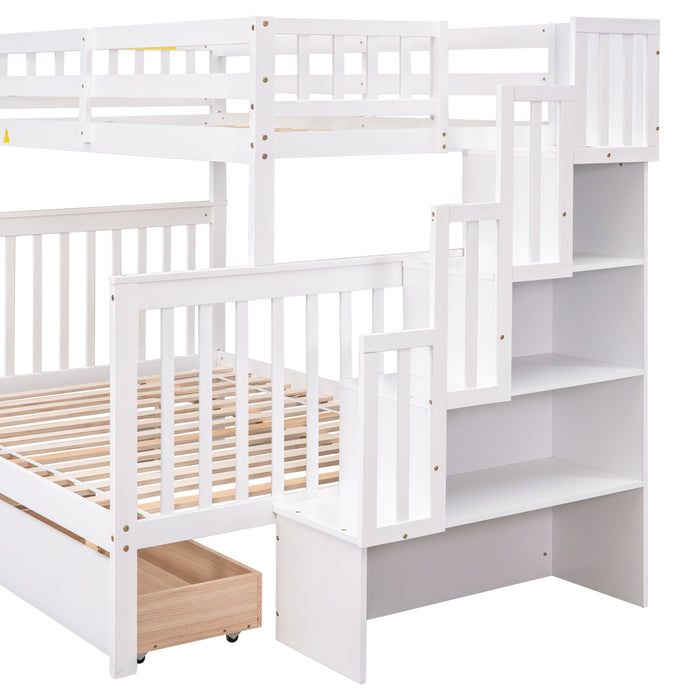 Twin Over Full Bunk Bed with 2 Drawers and Staircases - White