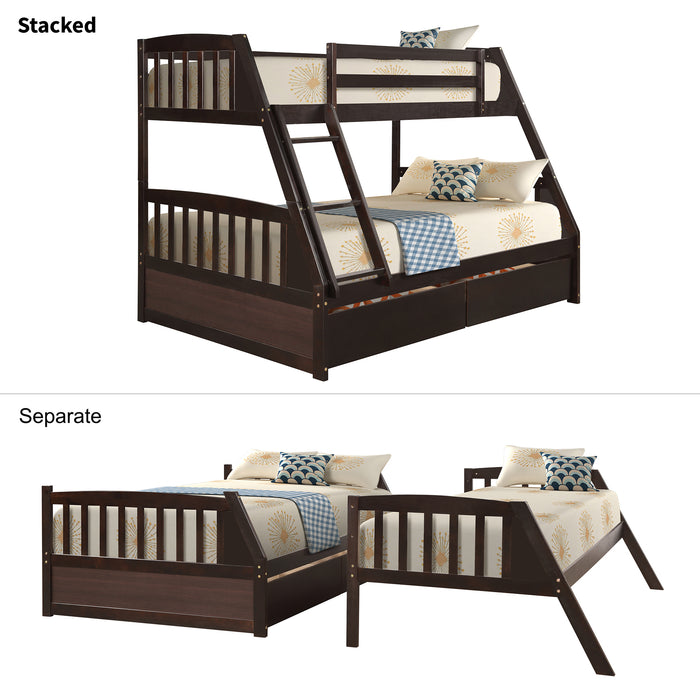 Solid Wood Twin Over Full Bunk Bed with Two Storage Drawers - Espresso