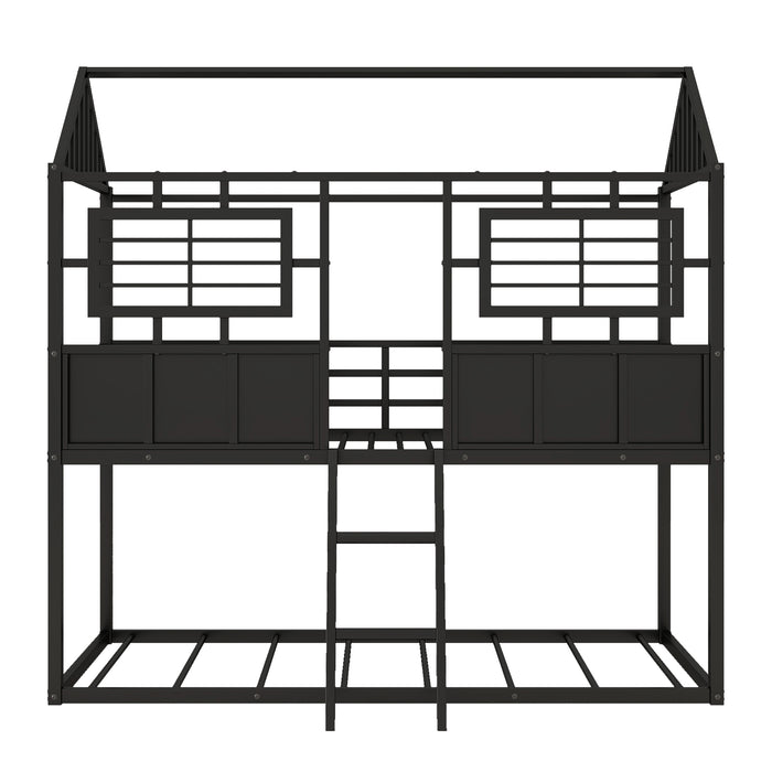 Twin over Twin Size Metal Low Bunk Beds with Roof and Fence-shaped Guardrail, Black