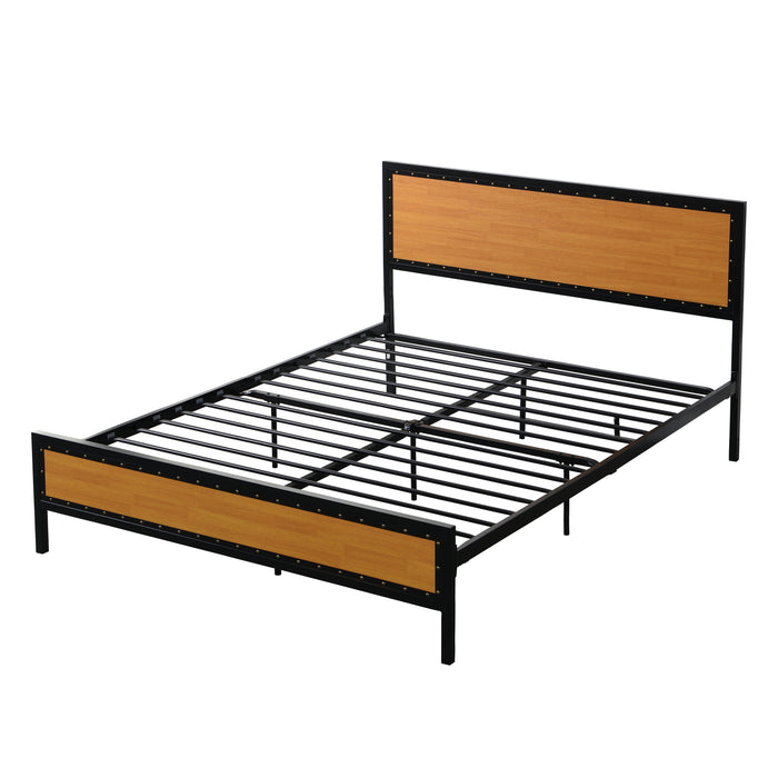 Queen Size Platform Bed Frame with Rustic Headboard and Footboard - Brown