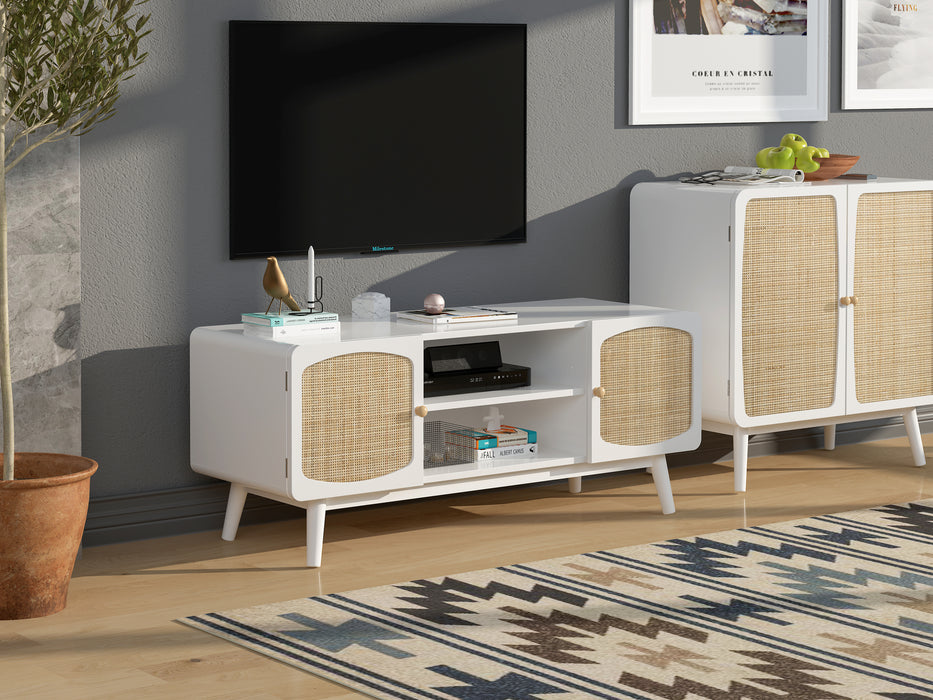 White TV Console with Rattan Door