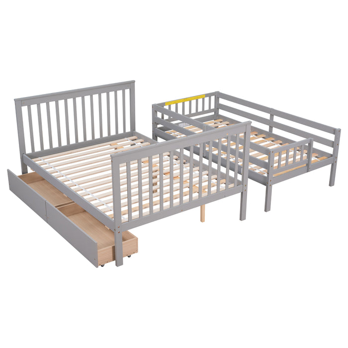 Twin Over Full Convertible Bunk Bed with 2 Drawers and Staircases - Grey