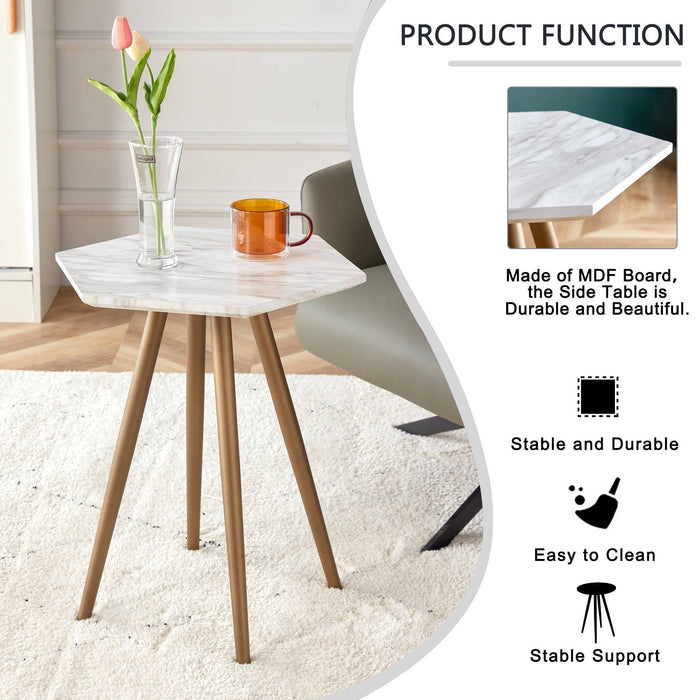 Modern Minimalism White Faux Marble End Table( MDF Tabletop + Metal Legs )