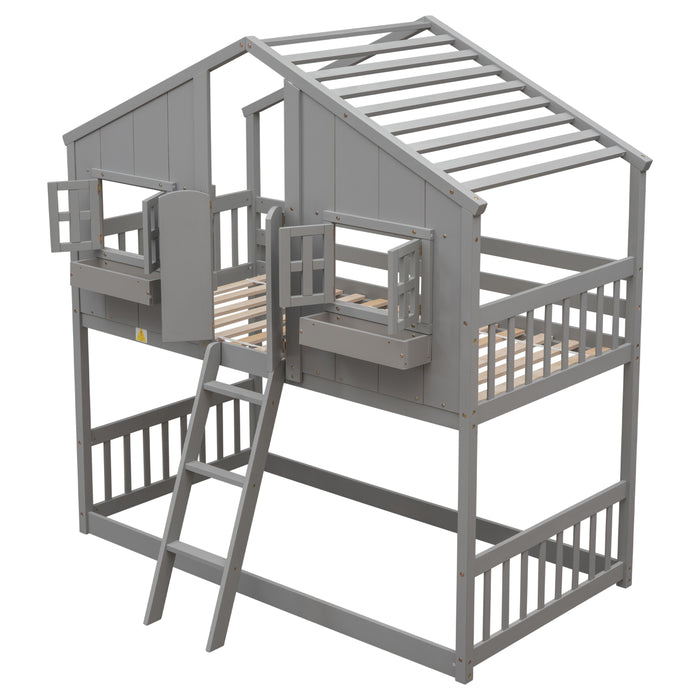 Twin over Twin House Bunk Bed with Roof & Windows - Grey