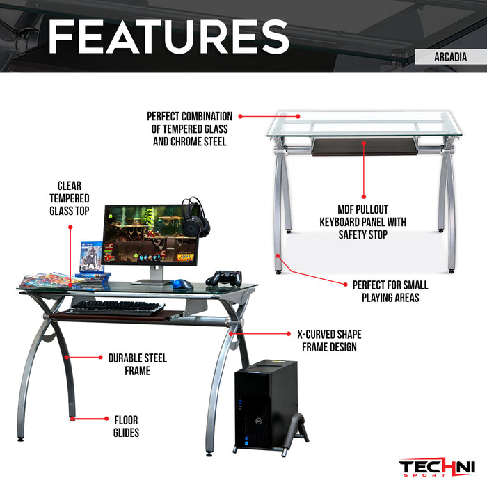 Contempo Clear Glass Top Computer Desk with Pull Out Keyboard Panel, Clear