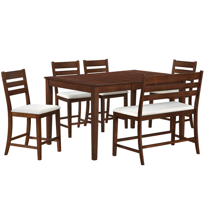 6-Piece Farmhouse Extendable Counter Height Dining Table Set - Brown Walnut + Beige