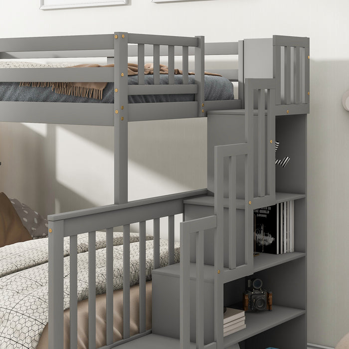 Twin Over Full Convertible Bunk Bed with 2 Drawers and Staircases - Grey