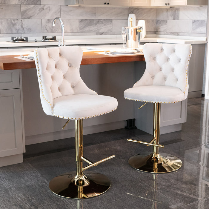 Golden Swivel Velvet Barstools, Beige (Set of 2）