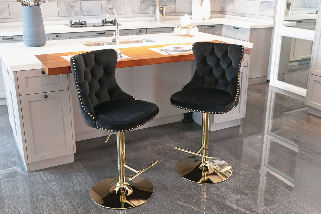 Golden Swivel Velvet Barstools (Black, Set of 2）