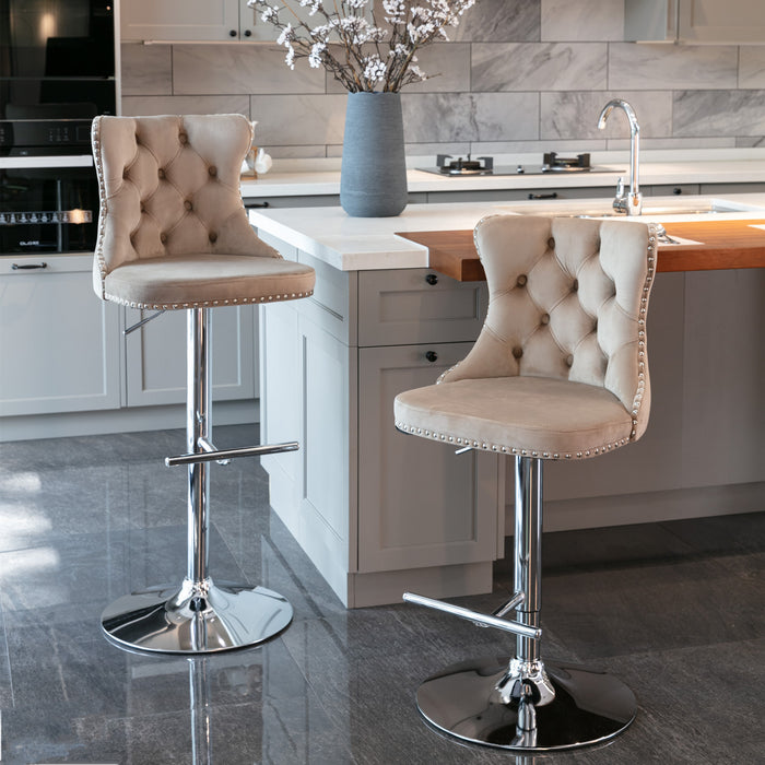 Swivel Velvet Barstools Khaki (Set of 2）