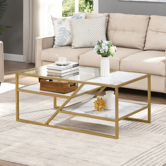 Modern Coffee Table with Storage Shelf and Tempered Glass for Living Room & Bedroom - Golden