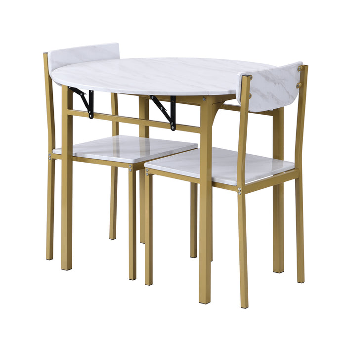 3-Piece  Modern Round Dining Table Set with Drop Leaf - Golden Frame + Faux White Granite Finish