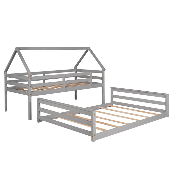 Twin over Full House Bunk Bed with Built-in Ladder - Gray