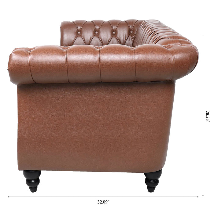 Rolled Arm Chesterfield 3 Seater Sofa - Brown