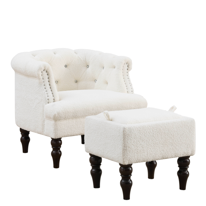 3+1 Combination of Chesterfield sofa and chair, teddy white, two pillows