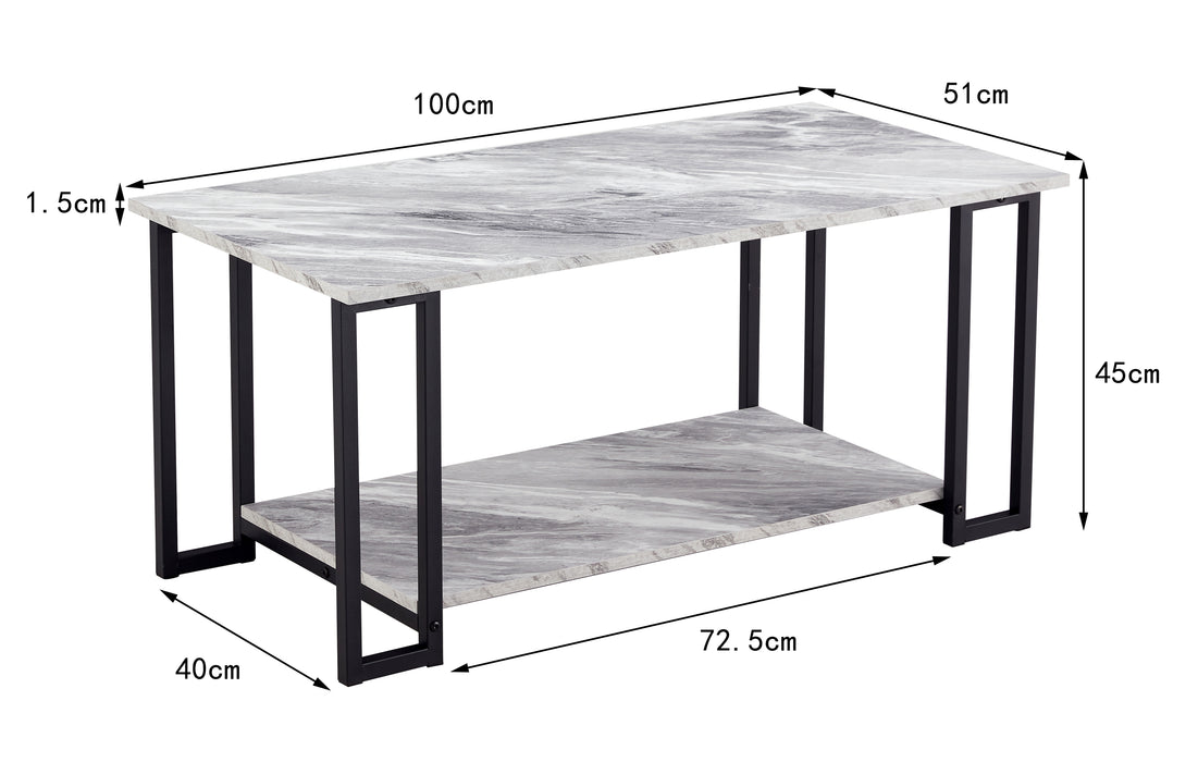 Coffee Table, 2 Layers 1.5cm Thick Marble MDF - GREY Top, BLACK Leg