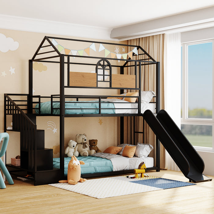 Twin Over Twin Metal House Bunk Bed - Black