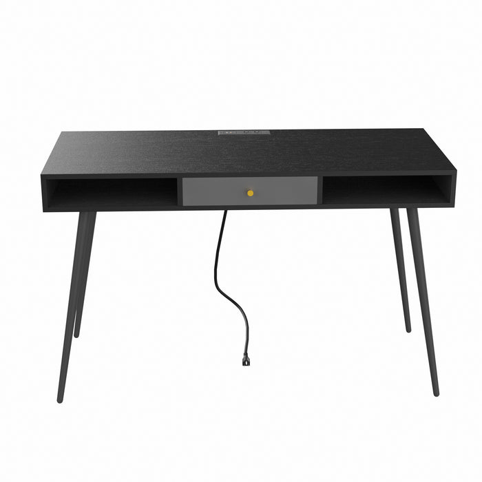 Mid Century Desk with USB Ports and Power Outlet - Black