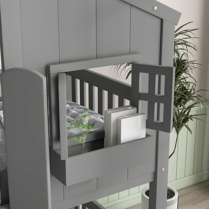 Twin over Twin House Bunk Bed with Roof & Windows - Grey