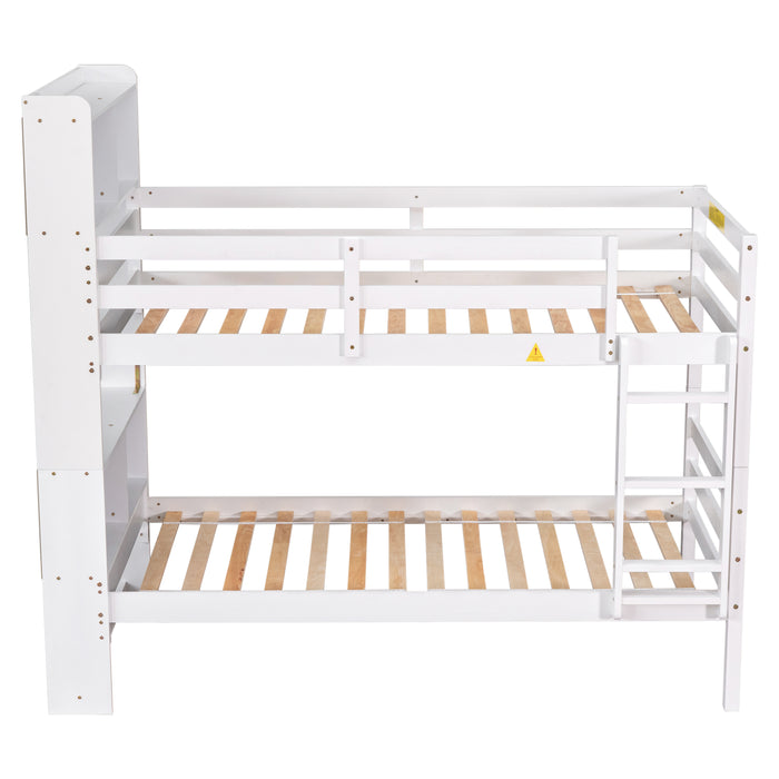 Twin Over Twin Bunk Beds with Bookcase Headboard - White