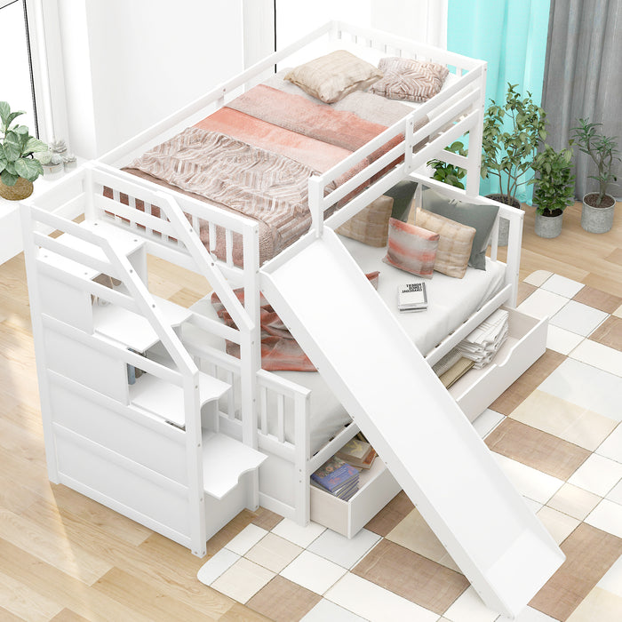 Multifunction Twin over Full Bunk Bed with Drawers, Storage and Slide - White