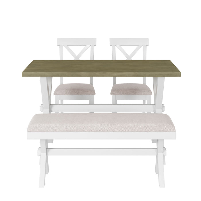 4- Pieces Farmhouse Rustic Wood Kitchen Dining Table Set with Upholstered back Chair - White + Beige