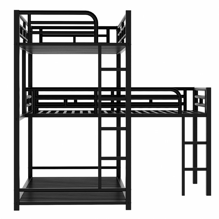 L-shaped Metal Triple Twin Size Bunk Bed - Black