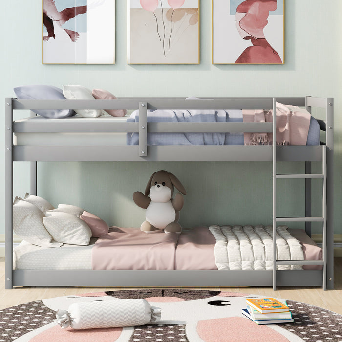 Twin over Twin Floor Bunk Bed with Ladder - White