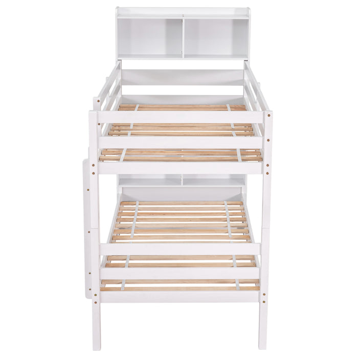 Twin Over Twin Bunk Beds with Bookcase Headboard - White