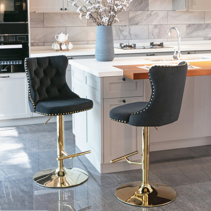 Golden Swivel Velvet Barstools (Black, Set of 2）