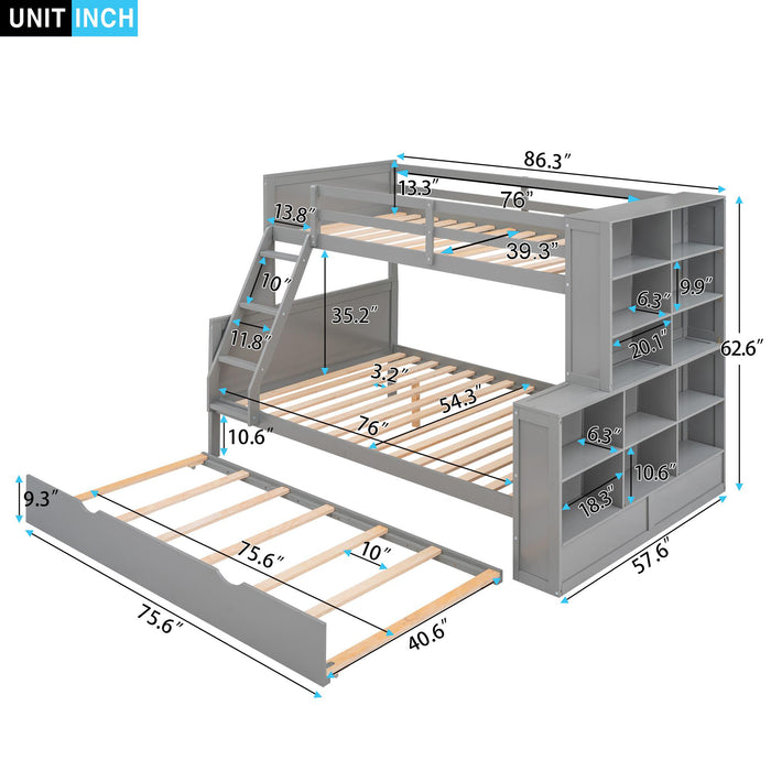 Twin over Full Bunk Bed with Trundle and Shelves, can be Separated into Three Separate Platform Beds, Gray