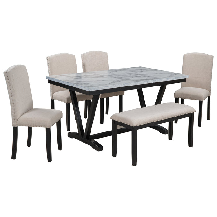 6-piece Modern Style  Dining Table with 4 Chairs & 1 Bench - White