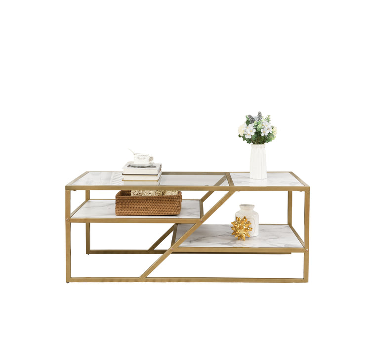 Golden Coffee Table with Storage Shelf - Tempered Glass