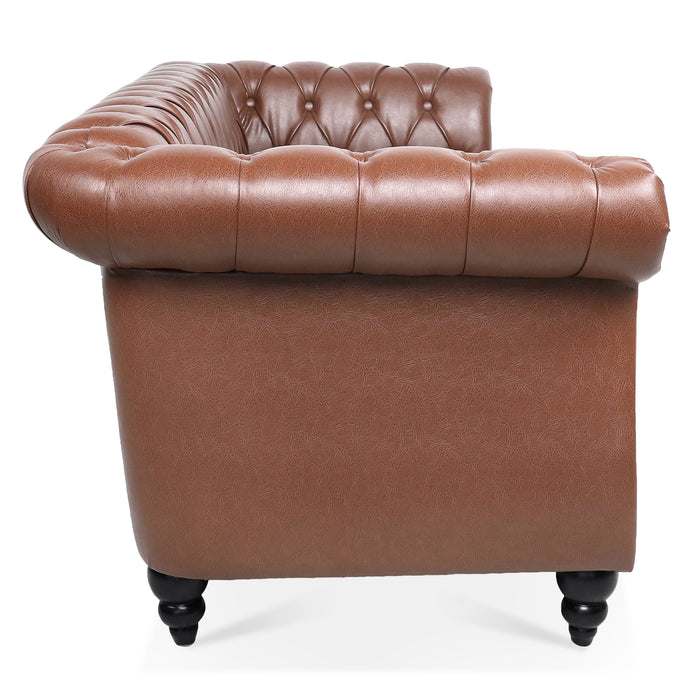 Rolled Arm Chesterfield 3 Seater Sofa - Brown