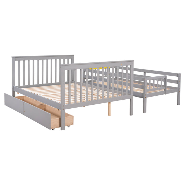 Twin Over Full Convertible Bunk Bed with 2 Drawers and Staircases - Grey