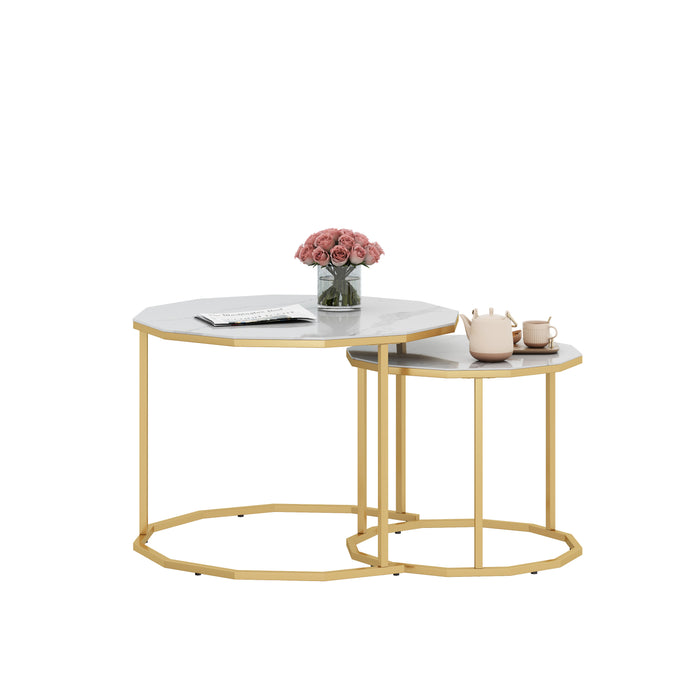 Marble Coffee End table - White Artificial Marble Top (white+golden)