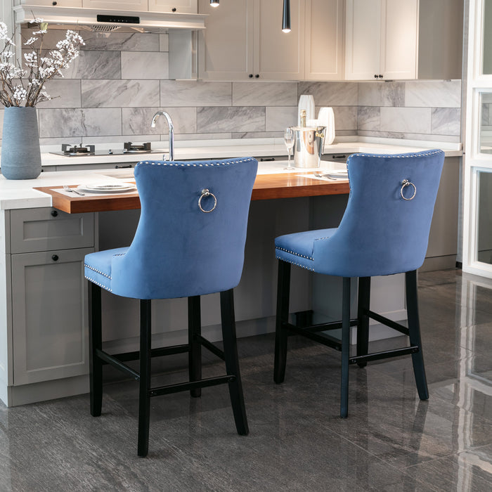 Contemporary Velvet Upholstered Barstools with  Tufted Button - Blue (Set of 2)