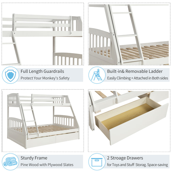 Solid Wood Twin Over Full Bunk Bed with Two Storage Drawers - White