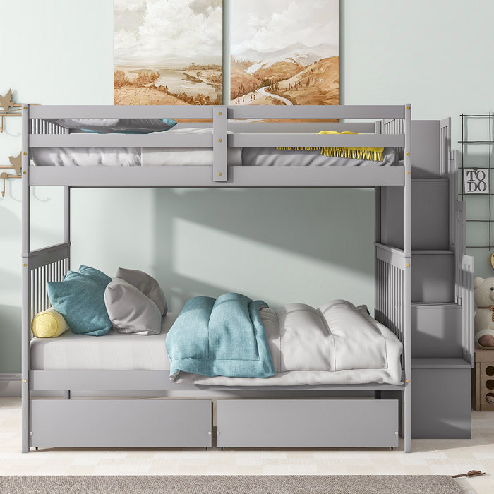 Full Over Full Bunk Bed with 2 Drawers and Staircases - Grey