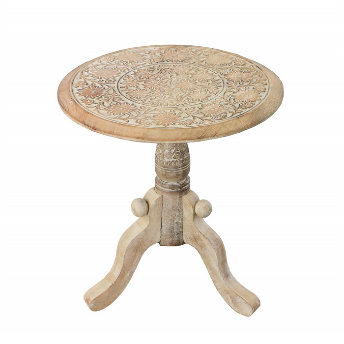 Intricately Carved Round Top Side End Table - Brown and White