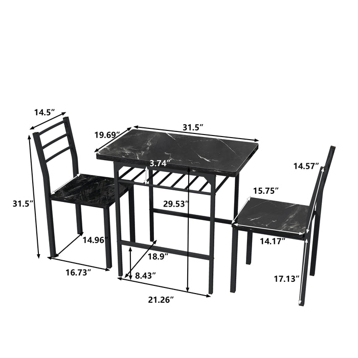 3-Piece Modern Dining Table Set - Black Frame + Printed Black Marble Finish