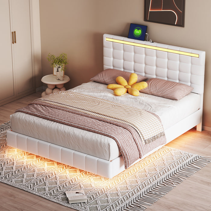 Queen Size Modern Upholstered Platform LED Bed with LED Lights and USB Charging - White