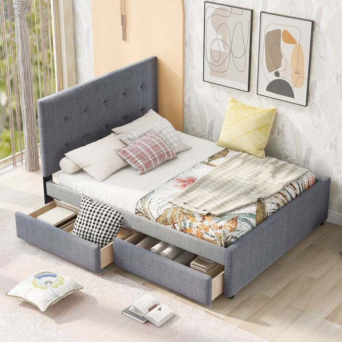 Queen Size Linen Upholstered Platform Bed With Headboard and Two Drawers, Gray