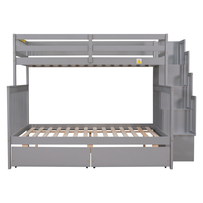 Twin Over Full Convertible Bunk Bed with 2 Drawers and Staircases - Grey