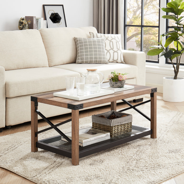 Farmhouse Style 2-Tier Cocktail Table with Mesh Shelf For Living Room - Brown