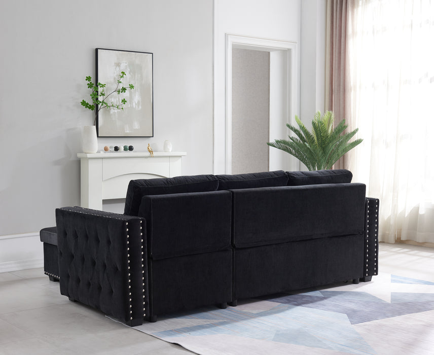 Sectional sofa with pulled out bed & chaise with storage - BLACK