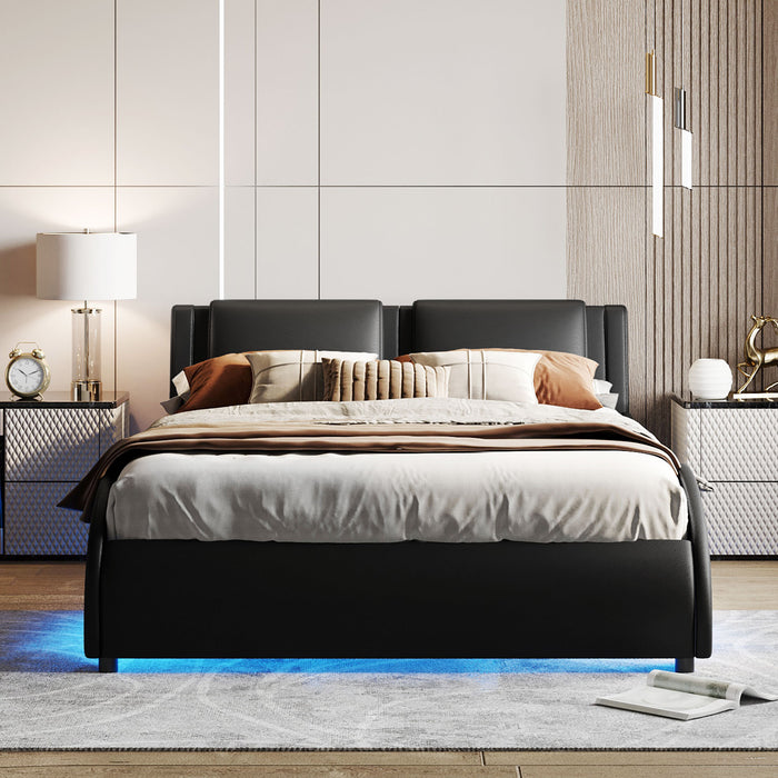 Queen Size Upholstered Faux Leather Platform Bed with LED Light Bed Frame - Black