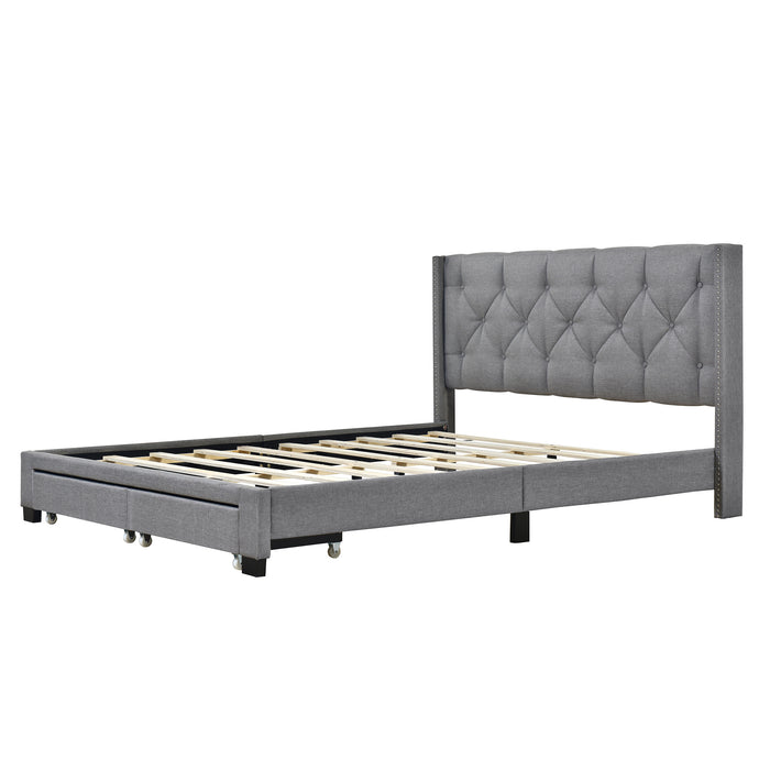 Queen Size Storage Bed Linen Upholstered Platform Bed with Two Drawers - Gray