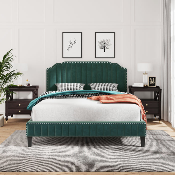 Modern Velvet Curved Upholstered Platform Bed , Green (Queen)